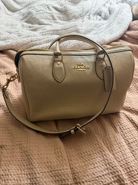 COACH Cream Pebbled Leather Satchel with Gold Hardware